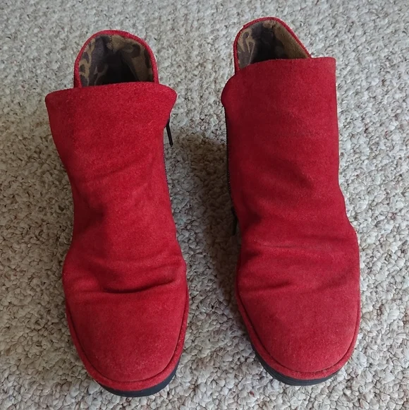 Fly London Shoes Yip Red Suede Wedge Heel Ankle Boots Size EU 37 US 6.5